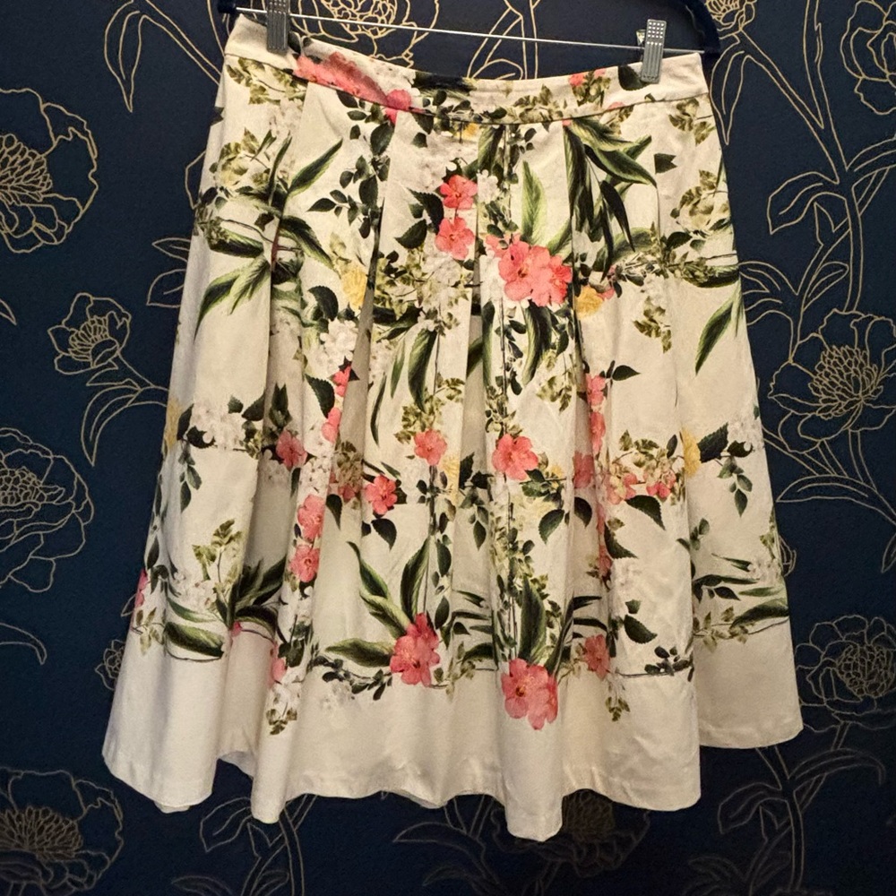 TALBOTS box pleated FLORAL skirt PINK size 10 machine washable GREEN - Picture 2 of 5